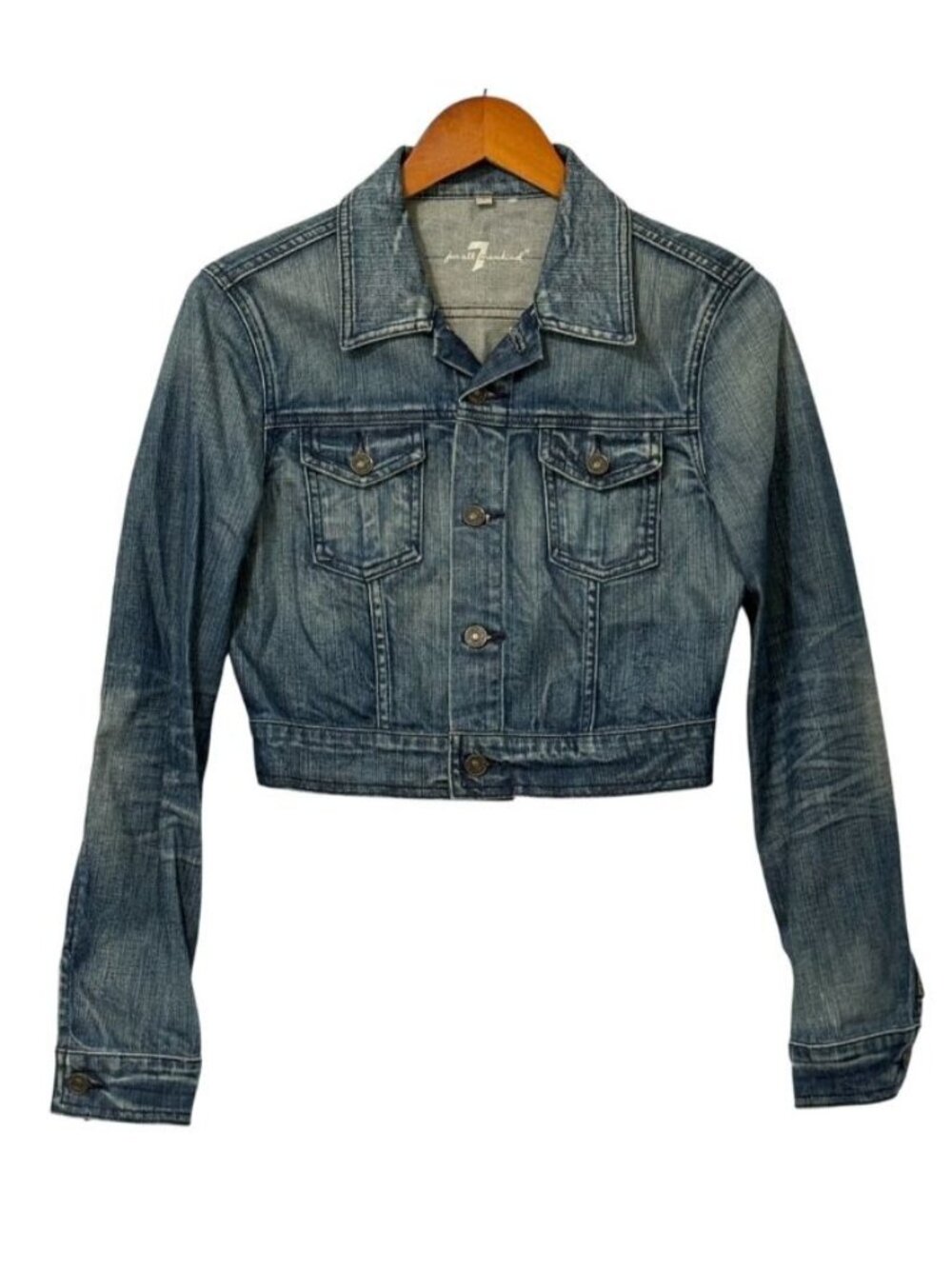 7 for All Mankind Cropped Jean Jacket Trucker Classic Retro Blue Denim Size S - Picture 2 of 11